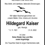 Traueranzeige Hildegard Kaiser, geb. Hiersigk