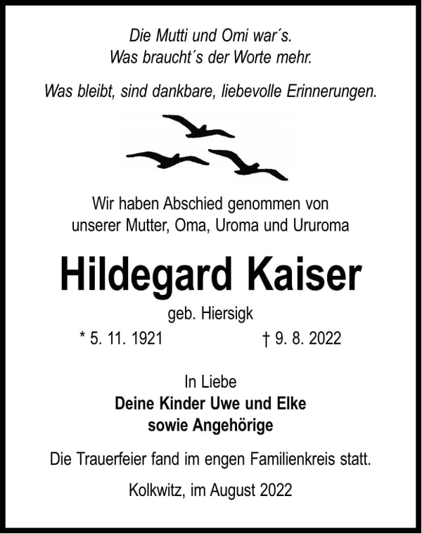 Traueranzeige Hildegard Kaiser, geb. Hiersigk
