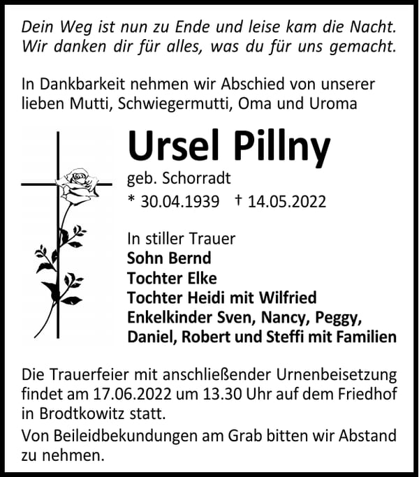 Traueranzeige Ursel Pillny, geb. Schorradt