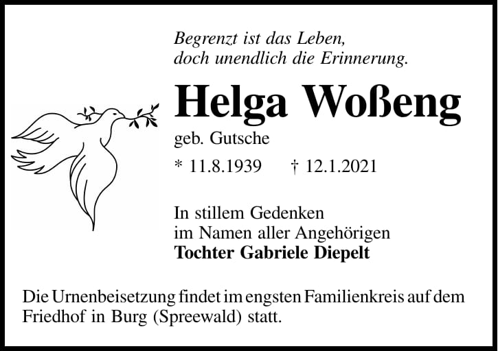 Traueranzeige Helga Woßeng, geb. Gutsche