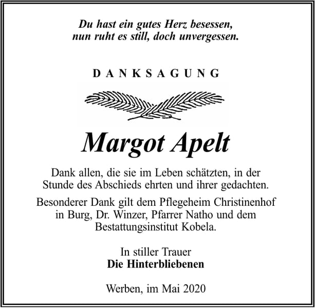 Danksagung Margot Apelt