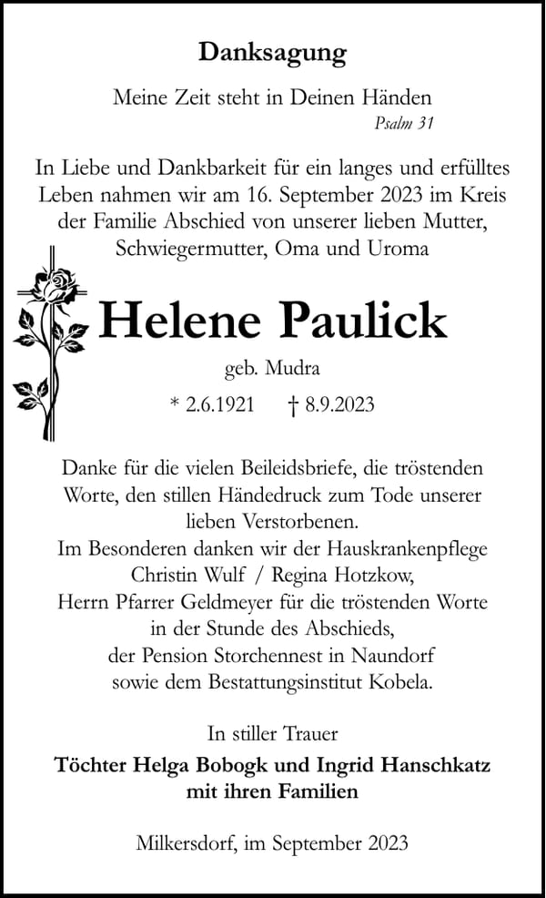 Traueranzeige Helene Paulick, geb. Mudra