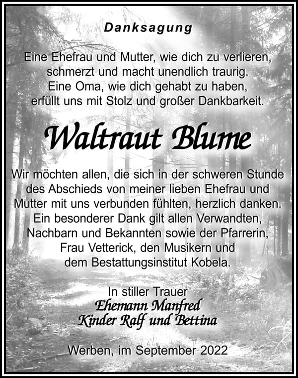 Danksagung Waltraut Blume