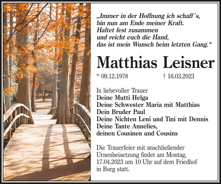 Traueranzeige Matthias Leisner