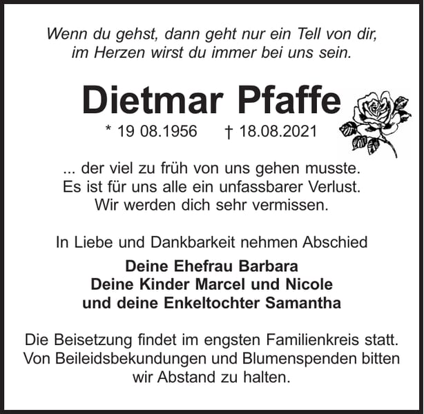 Traueranzeige Dietmar Pfaffe