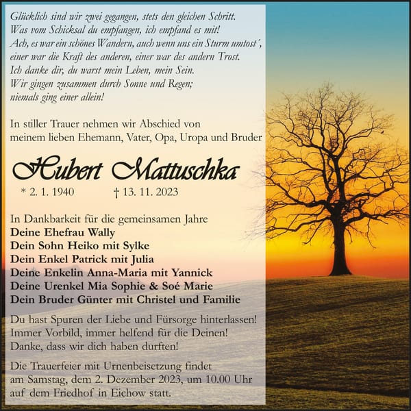 Traueranzeige Hubert Mattuschka
