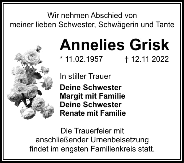 Traueranzeige Annelies Grisk