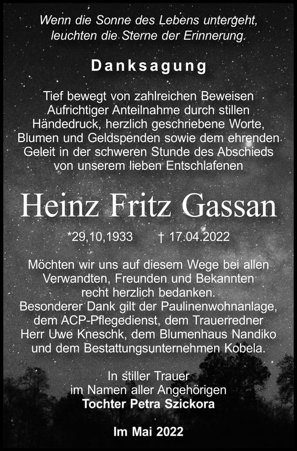 Danksagung Heinz Fritz Gassan