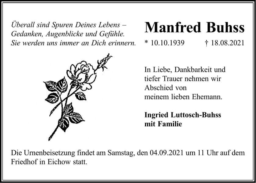 Traueranzeige Manfred Buhss