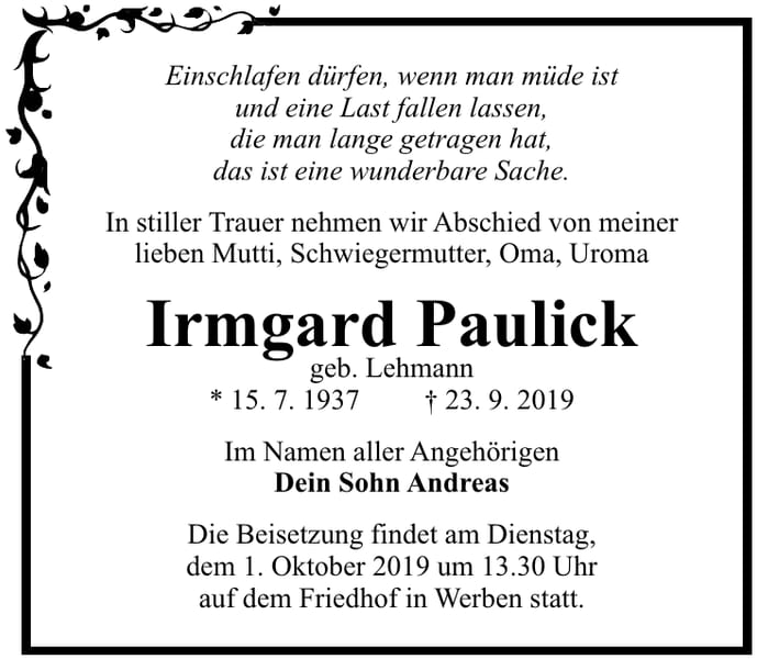Traueranzeige Irmgard Paulick, geb. Lehmann