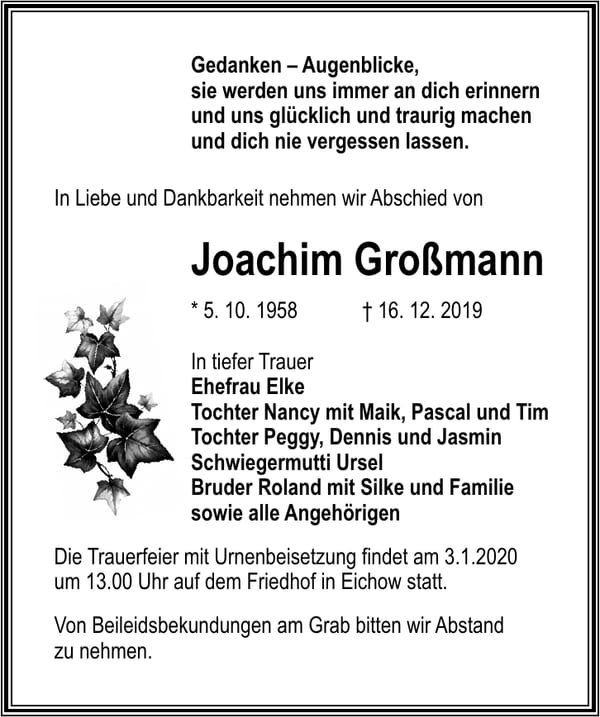 Traueranzeige Joachim Großmann