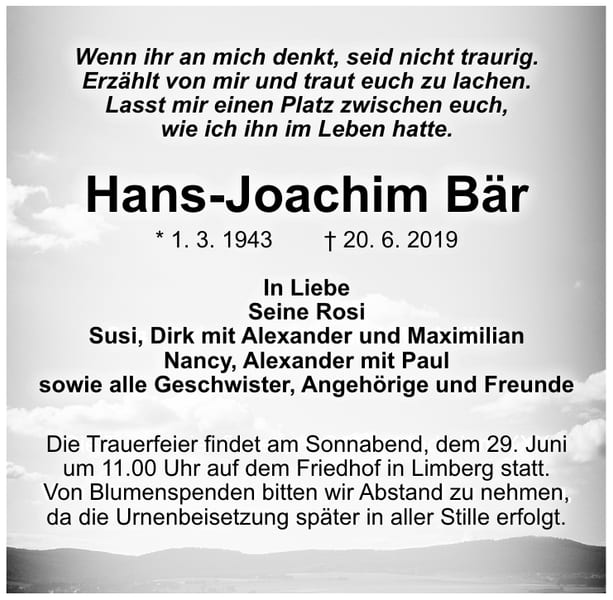 Traueranzeige Hans-Joachim Bär