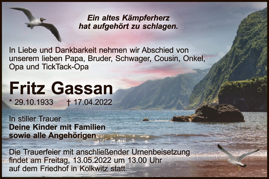 Traueranzeige Fritz Gassan