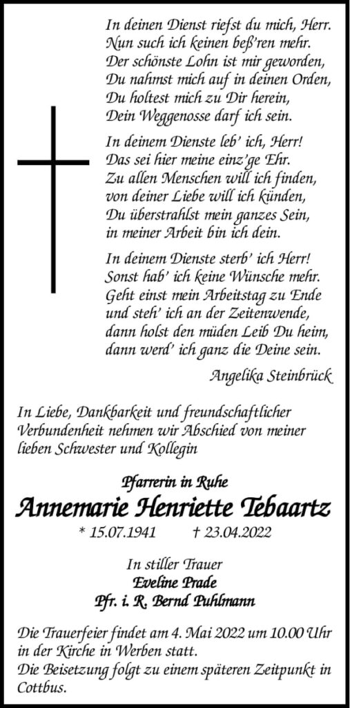 Traueranzeige Annemarie Henriette Tebaartz