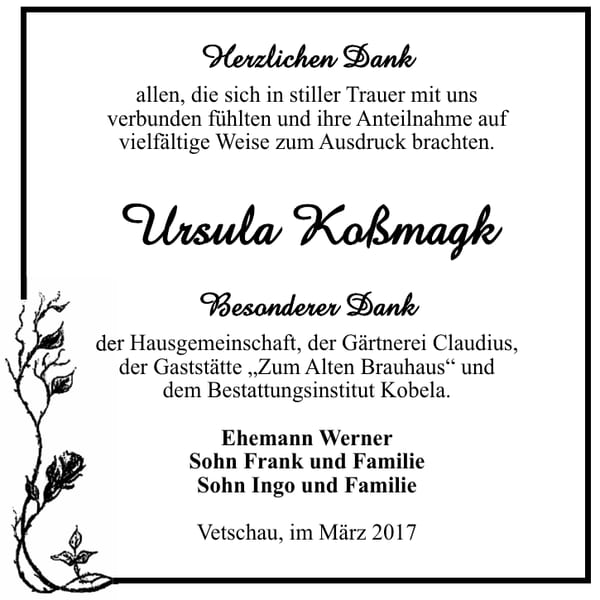Danksagung Ursula Koßmagk