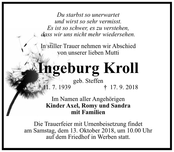 Traueranzeige Ingeburg Kroll, geb. Steffen