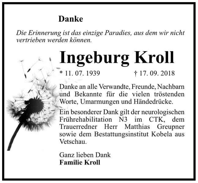 Danksagung Ingeburg Kroll