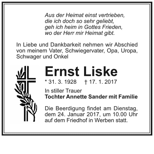 Traueranzeige Ernst Liske
