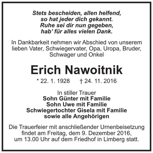 Traueranzeige Erich Nawoitnik