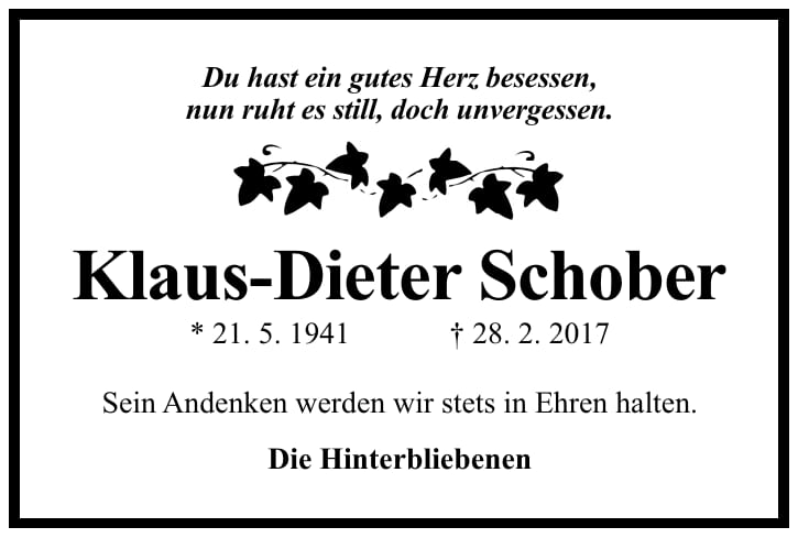 Traueranzeige Klaus-Dieter Schober