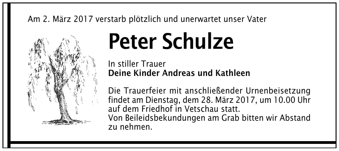Traueranzeige Peter Schulze