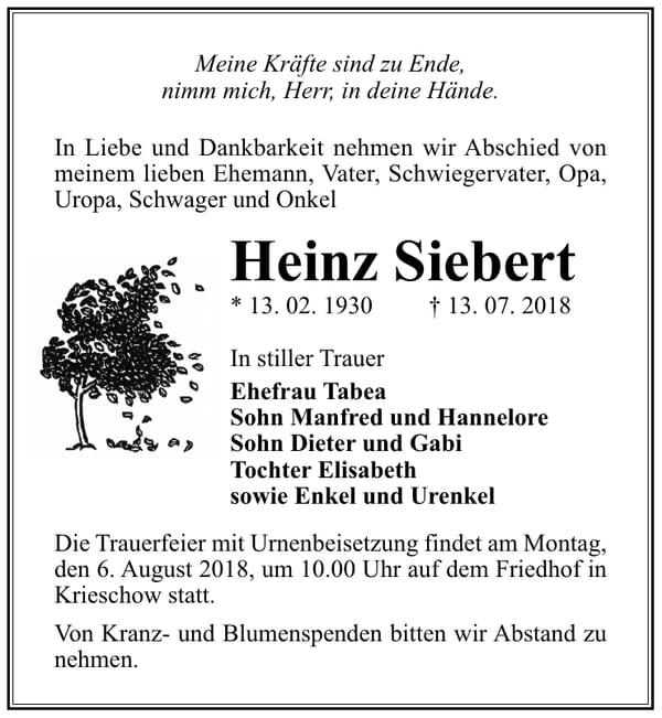 Traueranzeige Heinz Siebert