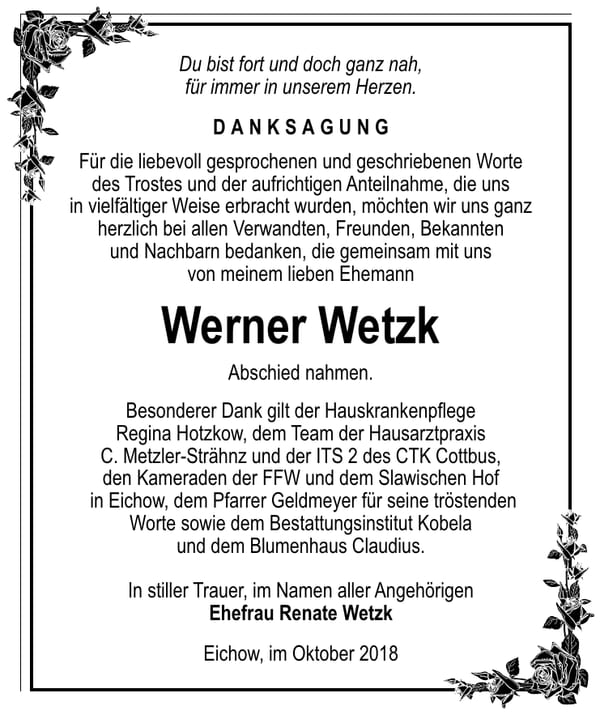 Danksagung Werner Wetzk