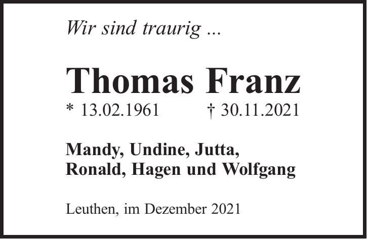 Traueranzeige Thomas Franz