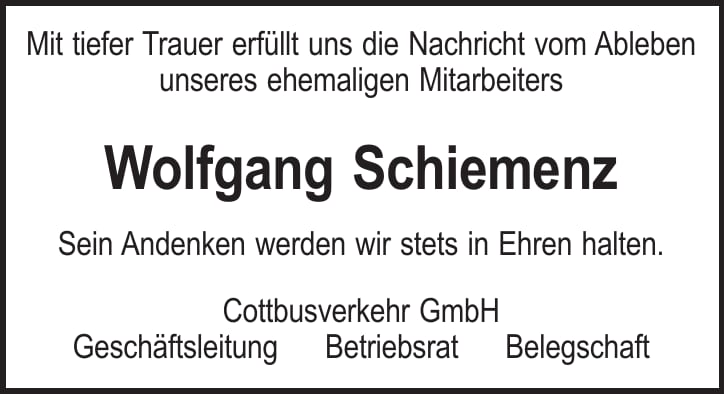 Traueranzeige Wolfgang Schiemenz