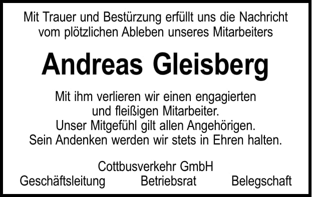 Traueranzeige Andreas Gleisberg