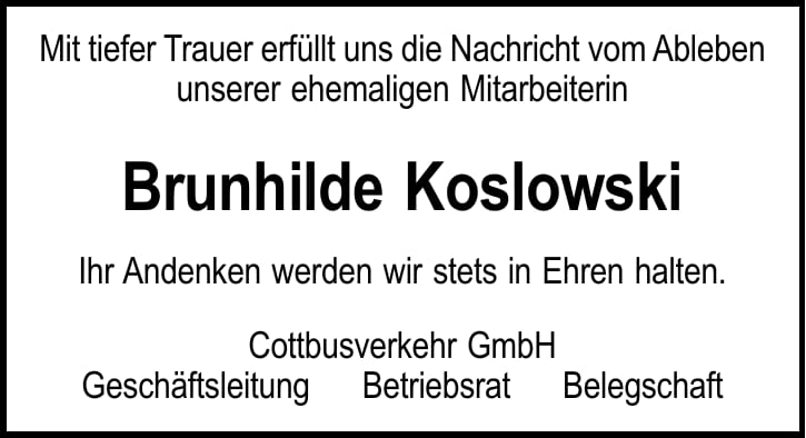 Traueranzeige Brunhilde Koslowski