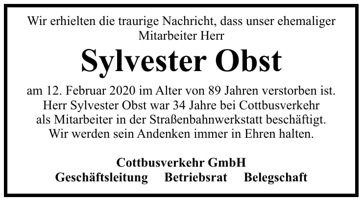 Traueranzeige Sylvester Obst