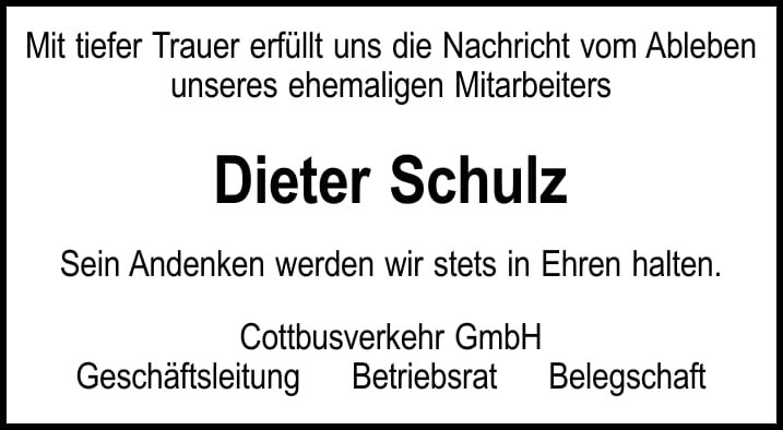 Traueranzeige Dieter Schulz