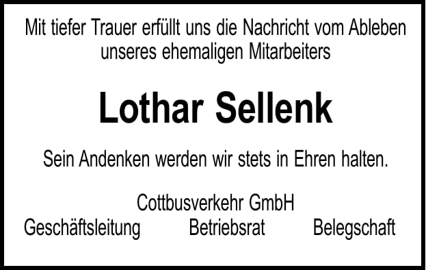 Traueranzeige Lothar Sellenk