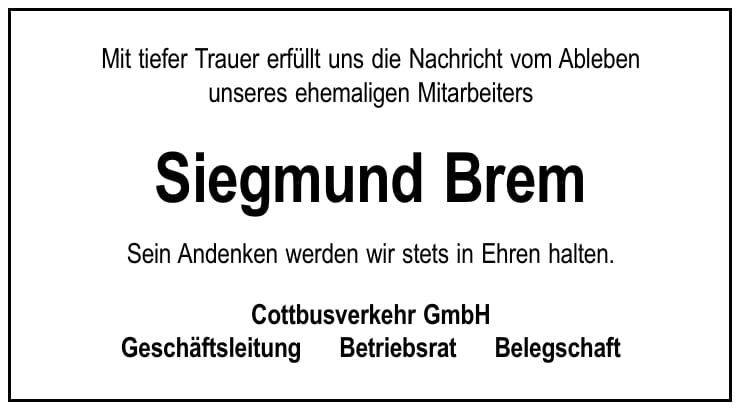 Traueranzeige Siegmund Brem
