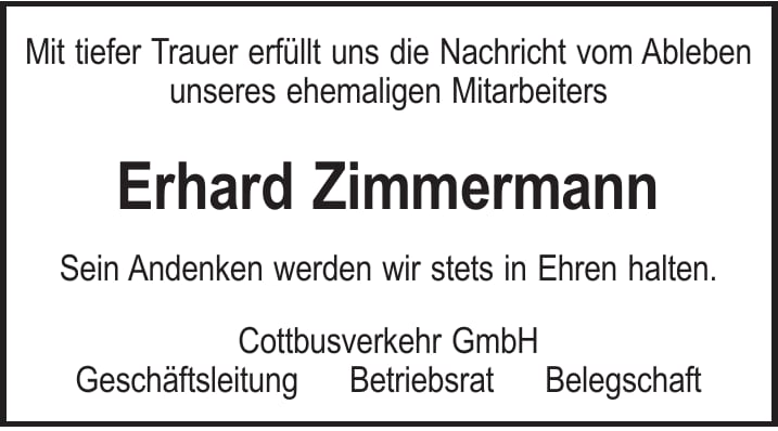 Traueranzeige Erhard Zimmermann