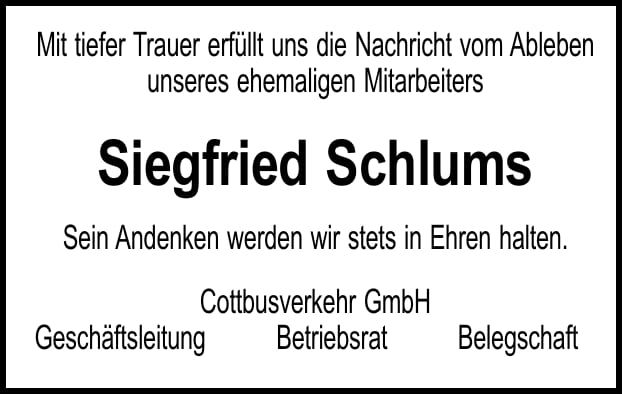 Traueranzeige Siegfried Schlums