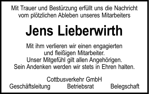 Traueranzeige Jens Lieberwirth