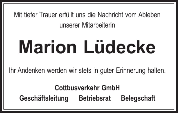 Traueranzeige Marion Lüdecke