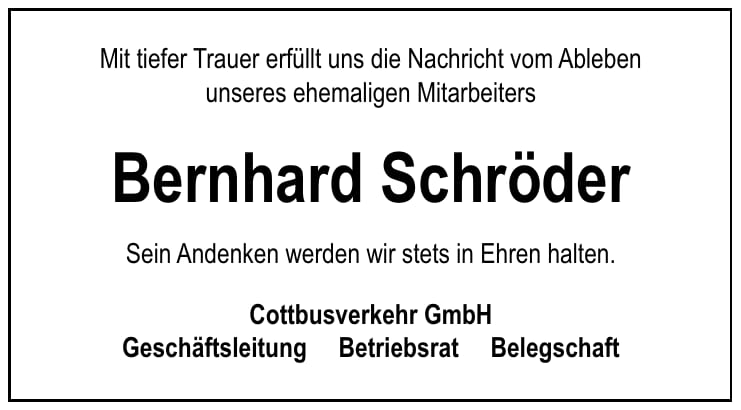 Traueranzeige Bernhard Schröder
