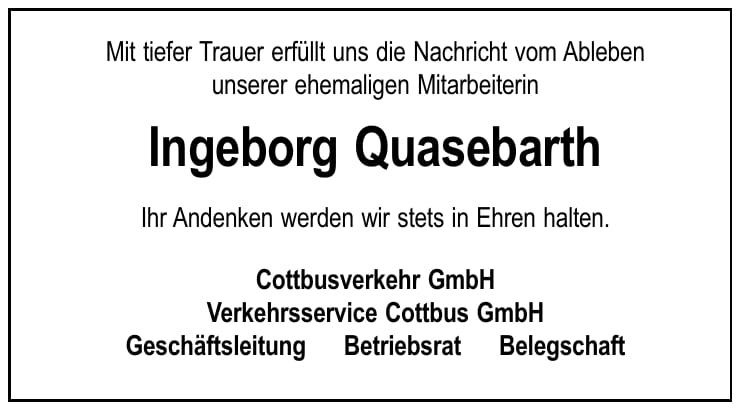 Nachruf Ingeborg Quasebarth