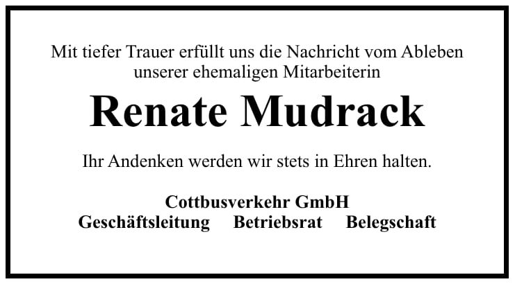 Traueranzeige Renate Mudrack