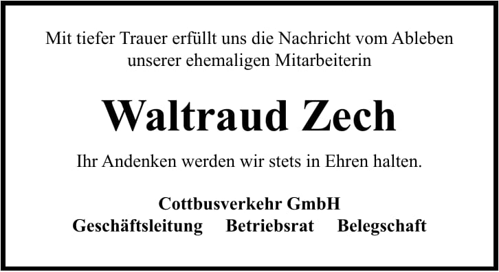 Traueranzeige Waltraud Zech
