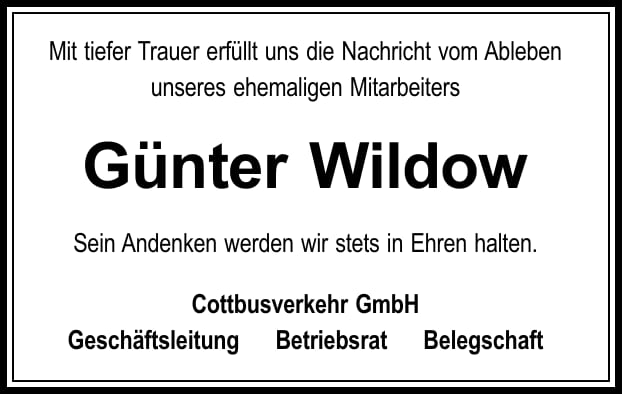 Traueranzeige Günter Wildow