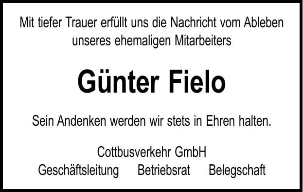 Traueranzeige Günter Fielo