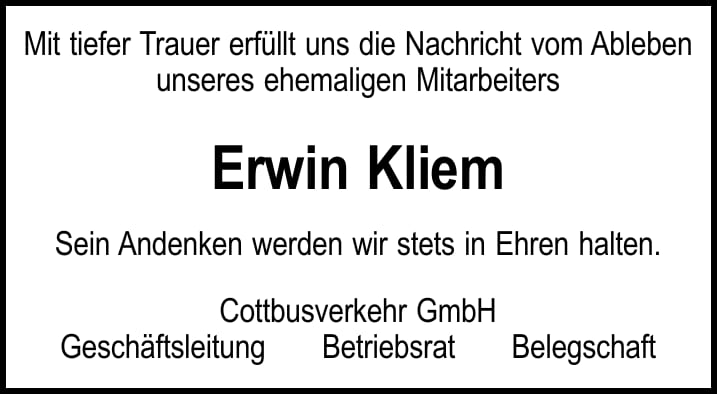 Traueranzeige Erwin Kliem