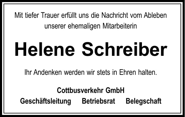 Traueranzeige Helene Schreiber