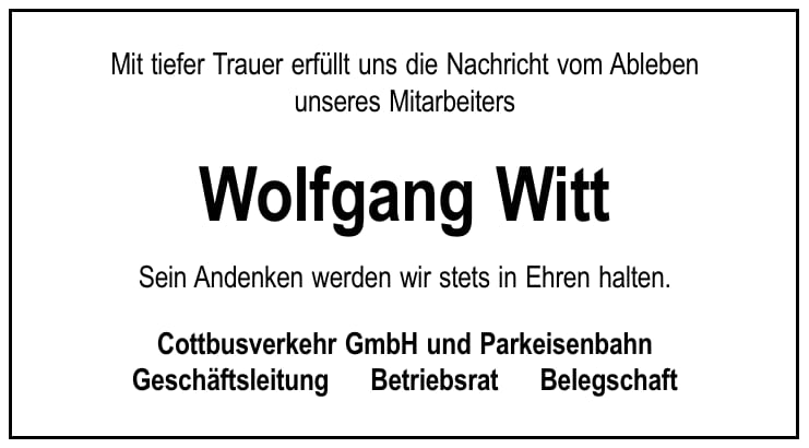 Traueranzeige Wolfgang Witt