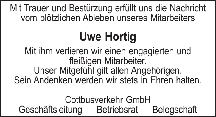 Traueranzeige Uwe Hortig