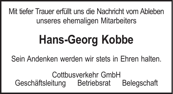 Traueranzeige Hans-Georg Kobbe